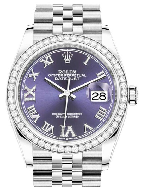 Rolex Steel Datejust 36 Watch - Diamond Bezel - Aubergine Purple Diamond Roman VI and IX Dial - Jubilee Bracelet (Reference #126284rbr)