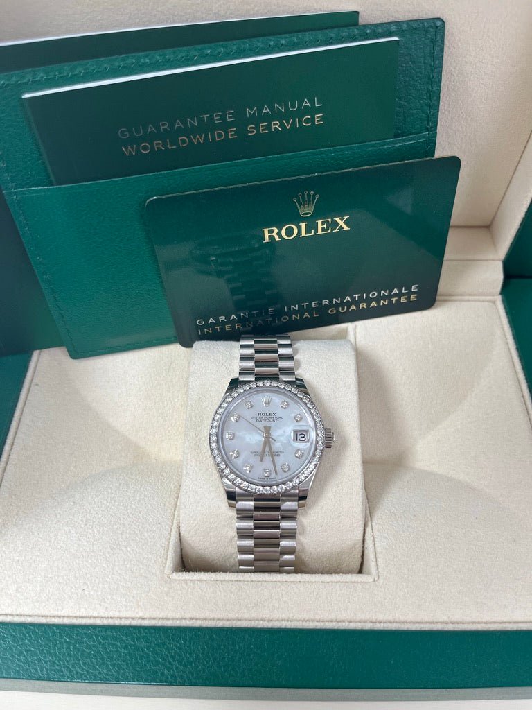 Rolex White Gold Datejust 31 Watch - Diamond Bezel - Mother-Of-Pearl Diamond Dial - President Bracelet (Reference #278289rbr) - Image 11