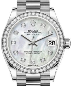 Rolex White Gold Datejust 31 Watch - Diamond Bezel - Mother-Of-Pearl Diamond Dial - President Bracelet (Reference #278289rbr)