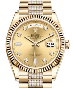 Rolex Yellow Gold Day-Date 36 Watch - Fluted Bezel - Champagne Diamond Dial - Diamond President Bracelet